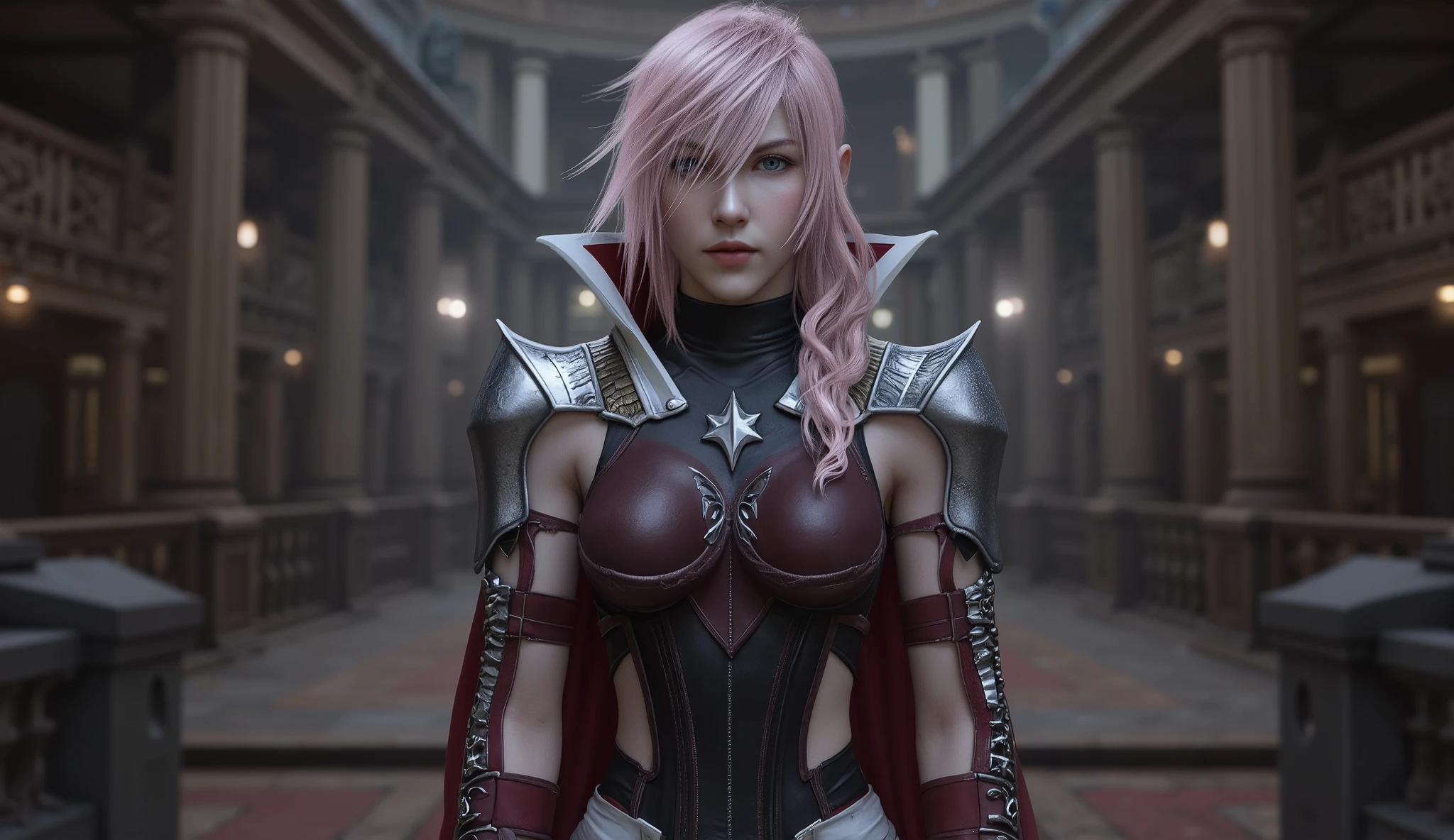 (great work, Butt Showcase: 1.2), The background is a palace, alone, 1Girls, Farron Lightning, Emotionless,  with your mouth shut , Sleeveless, Shoulder armor, cloak,  Skirt, Fingerless Gloves 