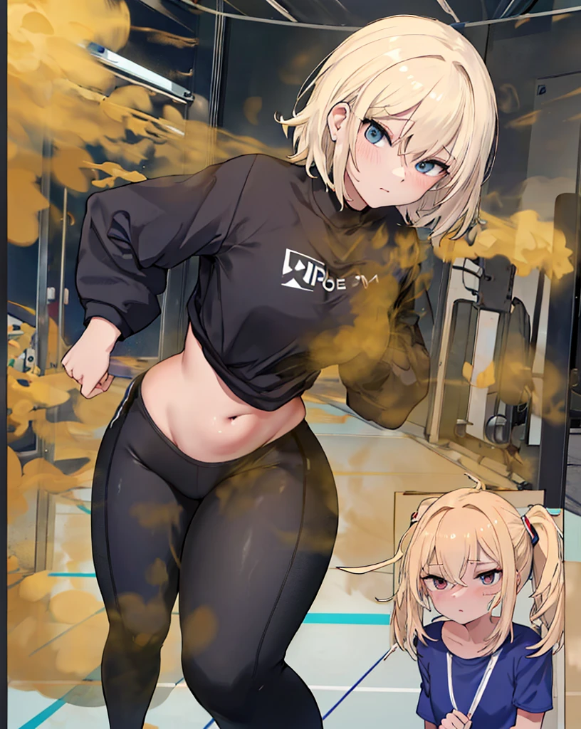 (top-quality、​masterpiece:1.2)、1girl in、Beautiful fece、Beautiful fece、styles、elegent、enticing、A sexy、Beautiful and well-groomed face、beautidful eyes、beautiful hairl、slick skin、Beautiful mouth、smooth legs、Carnal body、((Mordred))Characters of fate,Fashionable with a change of clothes、a blond、Braiding、poneyTail、One hand is on his hip、verd s eyes、((Sports tights、Sportsbra,Sports Leggings))Colossal tits、Big buttocks、femele、 ((Vicious look、Vulgar smile))sports gym
