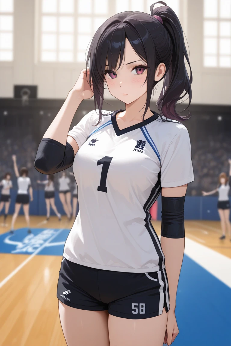(top-quality、in 8K、32K、masterpiece、nffsw、超A high resolution、Impresionismo、Photorealsitic:1.2)、Full body, from behind, Inside the gymnasium、Volleyball Court、beauitful face、blurry backround、16-year-old beautiful girl、shinny skin、bob cuts、Beautiful black hair、Red Eyes、(Hachimaki:1.2)、Volleyball Uniforms、Curve、dynamicposes、jump、