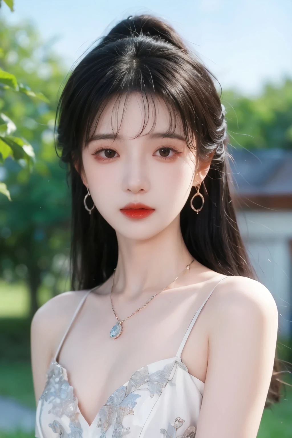 ( masterpiece, highest quality:1.2), 8,000, 85 mm, original photo, confuse, hair, Gradient Dress , Delicate girl,Shiny Skin, , watching the audience, HDR, clear focus, Twilight Sky , Shiny Skin, small eyes and face , brightly colored background, earrings、 necklace、clavicle、Straight long hair、Straight hair perm 、Big breasts,