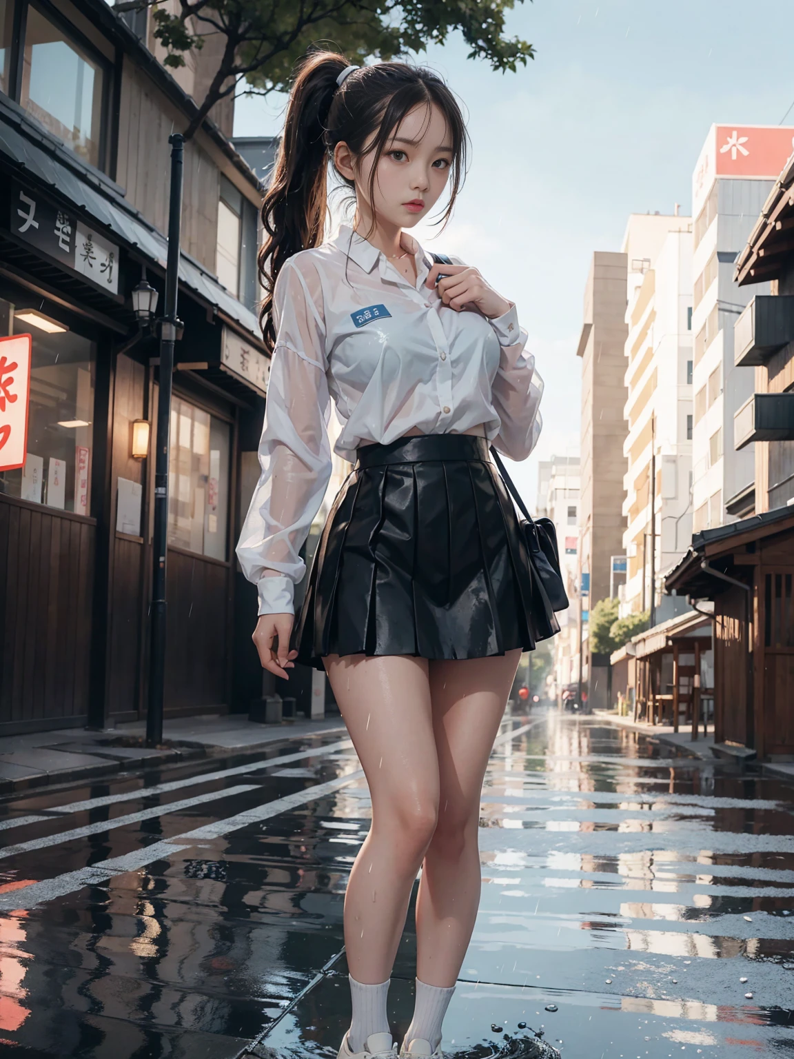 Official art, 统一 8k 壁纸, ultra-detailliert, Beautifully Aesthetic, masterpiece, top-quality, girl with, High school students,A dark-haired, japanes,dynamic ungle, Cowboy Shot, bright colour, (half: 1.2), (Dreams: 1.5), (Han Feng: 1.5),reallistic,a picture,A sexy,Soft look,erotick,The weather is rainy,bao phan,cloudy ash sky,High school girl with umbrella in hand,High school girl in wet light uniform,The location is the station,Dynamism,High school girl showing off yellow underwear,a navel,yellow panty