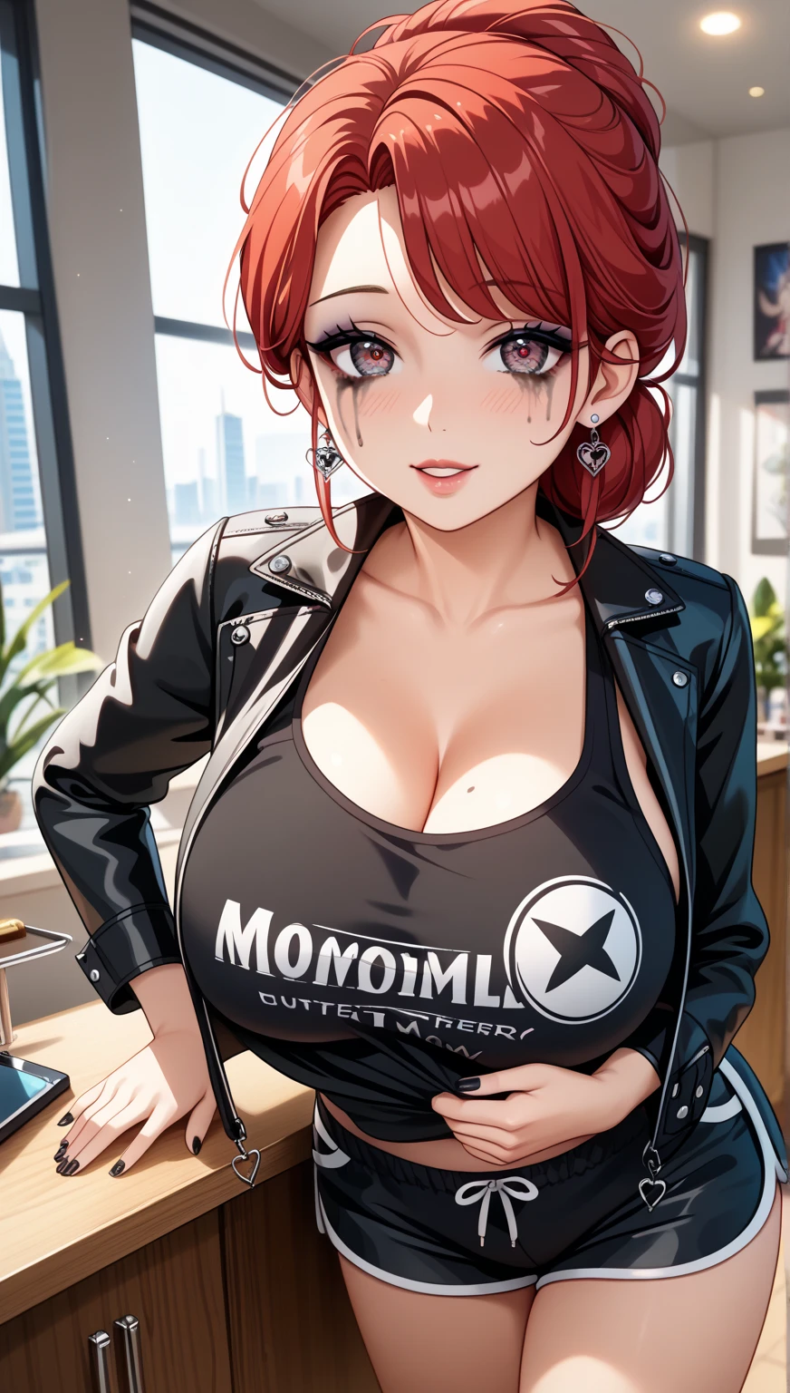 beautiful japanese girl, Makima, chainsaw man, red hair with single braid, yellow eyes, wearing black tank top with Makima written on it, blue jeans, long black hair,arms behind back, giving yakuza vibes, realistic, intricate details, hard colors, huge breasts, cleavage,