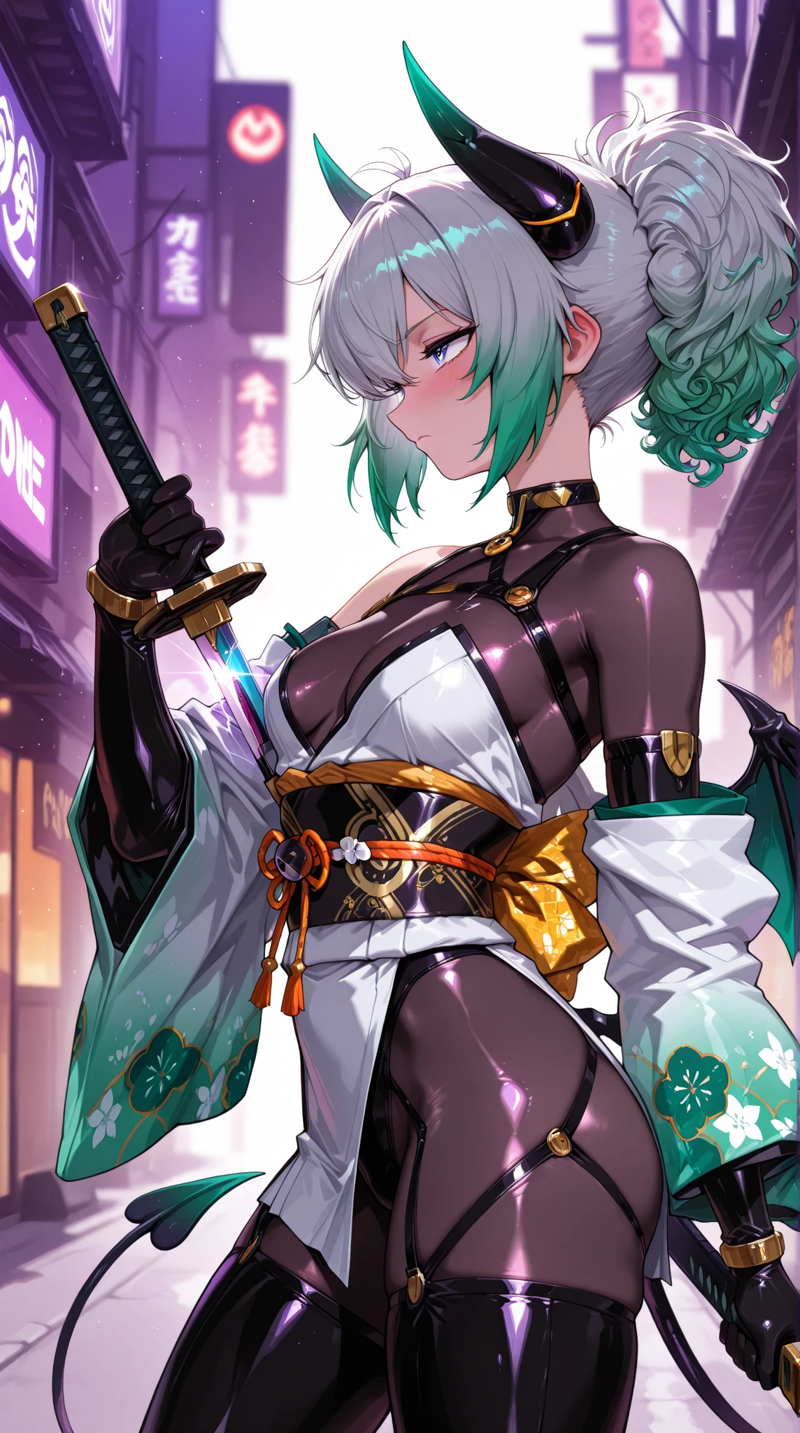 masterpiece、highest quality、1girl , solo , huge breasts、deep cleavage、light green hair、ponytail、fox ears、brightly colored eyes、blue eyes、black glasses、green kimono、light purple long hakama、brown leather jacket、leather boots、flashy necklace、charm、Wet、face turns red, very sweaty, dynamic pose、standing