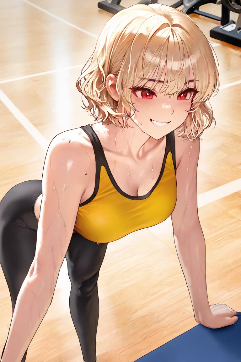 masterpiece, best quality, ultra detailed, ultra high resolution, very detailed face, anime, bottom up angle, ((solo)), (((girl, golden short hair))), ((tanktop, short skirt)), medium breast, slender body, (muscle:1.25), little smile, teeth, on the live stage, neon, indoor