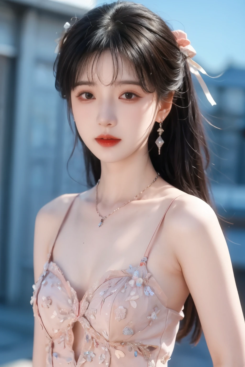 ( masterpiece, highest quality:1.2),  8,000, 85 mm, original photo, confuse, hair,  Gradient Dress , Delicate girl,Shiny Skin, , watching the audience, HDR, clear focus,  Twilight Sky , Shiny Skin,  small eyes and face , brightly colored background, earrings、 necklace、clavicle、Straight long hair、Straight hair perm 、Big breasts, 