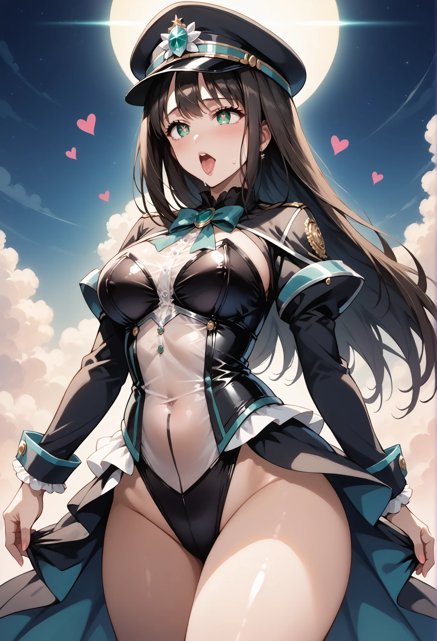 (small breasts:1.2), (perky chest:1.2), (pointed chest:1.2), (dynamic angle:1.3, front view:1.1, breast focus:1.3, from below:1.1), (dynamic posing:1.2, sexy posing:1.2), (seductive smiling:1.3), highest quality、(real、photorealistic:1.4),(ultra high resolution, 8K RAW photo, clear focus), best qualtiy, natural lighting, field depth, (Bright pupils, detailed beautiful blue eyes, high detailed face), (tight focus:1.2), a girl 28yo old, Thicc, thin breast, long hair, blue eyes,garter stocking, cleavage:1.2, midriff, black shorts, black thighhighs, thigh strap, pretty girl, (highly detailed beautiful face and eyes,firm breasts),real skin,((black,hair,long pony tail hair)),thin pubic hair,cute,lovely, detailed eyes,(double breasted:1.0,under bust:1.0),(with sparkling eyes and a contagious smile),close mouth, Looking at Viewer,