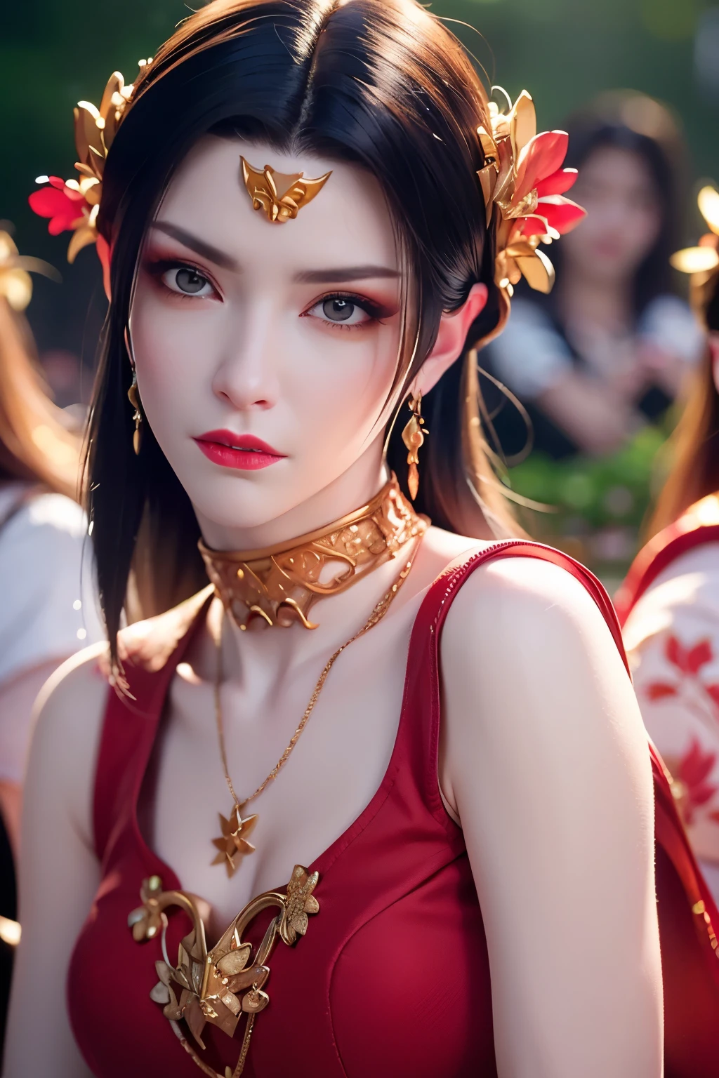 (RAW photo:1.2), (photorealistic:1.4),(intricate details:1.2),(masterpiece:1.3),(best quality:1.4), (ultra highres:1.2),1girl, solo, jewelry, earrings, pointy_ears, necklace, upper body, looking at viewer pose, red ornamental clothes, background : a garden with fluttering sakura petals, strict icy expression on her face, beautiful face, good face symmetry