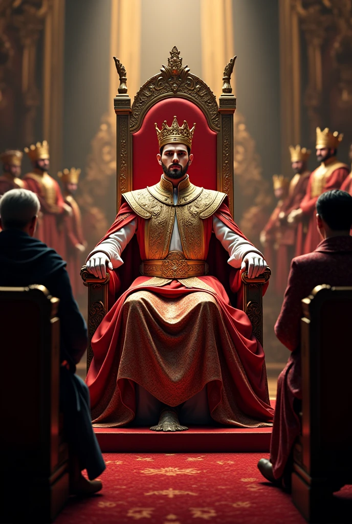 oil painting, king with crown, counselors behind in darkness, Whole body
