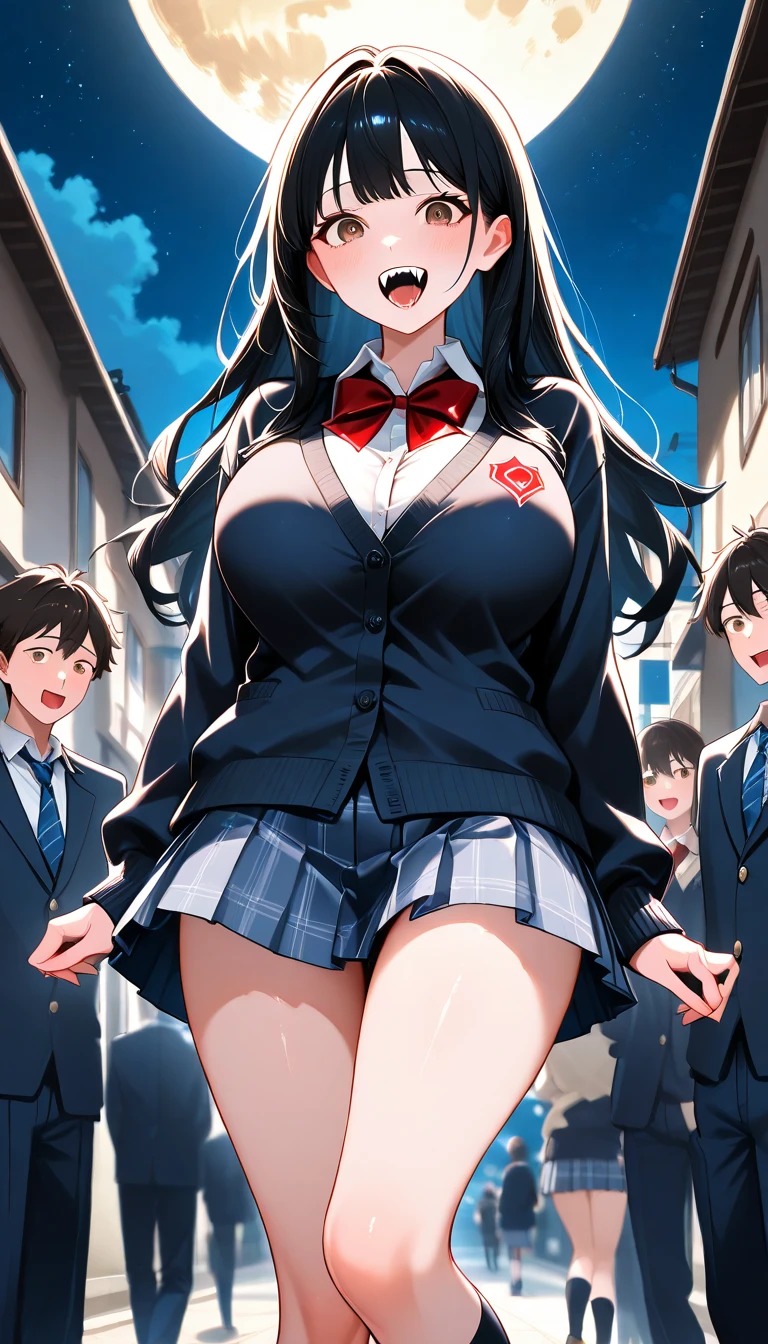(nsfw),masterpiece,ultra detailed,sharp focus,4k digital art,high resolution,seductive anime girl,(realistic,photorealistic),from behind,back shot,(v sign with both hands:1.5),(aroused and blushed:1.7),tareme,(adult beautiful face,curvy adult body:1.3),(from below,upskirt:1.4),(school cardigan:1.3),dress shirt,black socks,(navy and pleated skirt),bow tie,(short black hair,long straight hair),(tanned skin),at night light,outdoor,(sweaty:1.2),grinning,(trembling,flying heart-shapes),(standing in crowded train,japanese train:1.1),(sexy and laced red undies:1.3),loafers,crowd in background,gigantic ass,drooling,heart pupils,puffy nipples