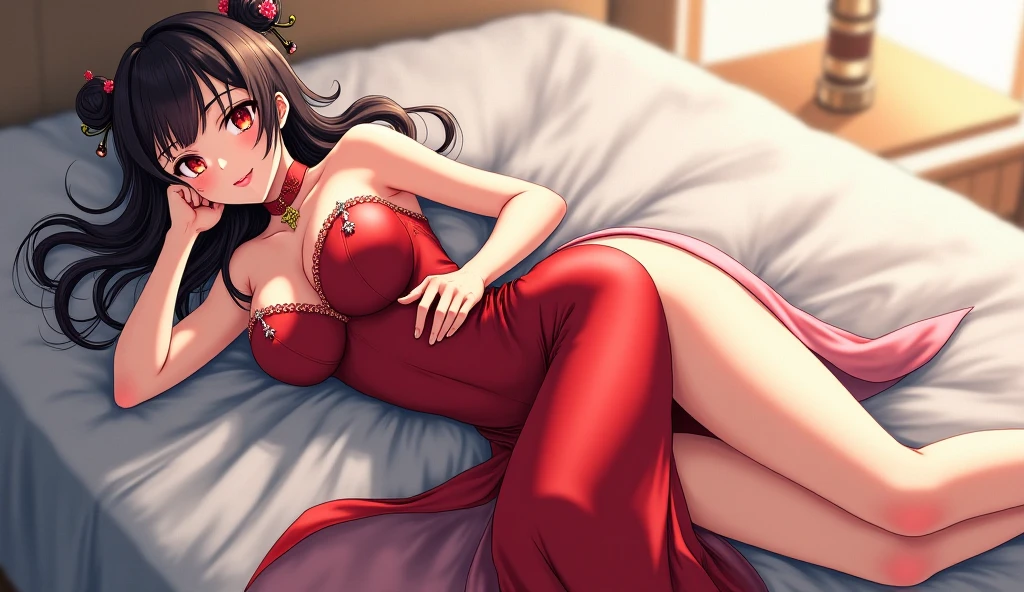 ((best quality)), ((masterpiece)), (details), 1 girl, big breast, Red tight cheongsam, tall, long hair, crawl, on the bed, Arch your ass, Fubuki,