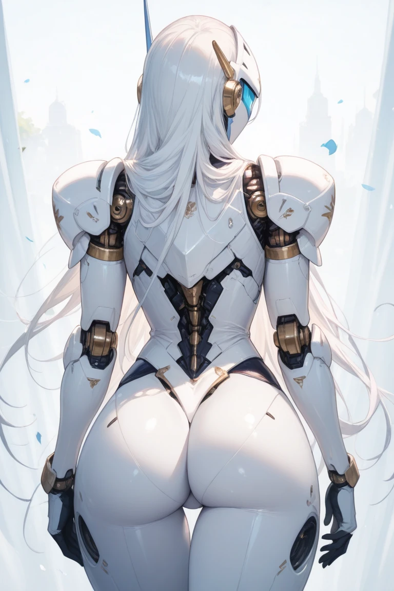 (((Picture from behind:1.6)))、((Shining lenses on both breasts:1.3))、((Blue pillars of light are emanating from both chests.:1.3))、(Dynamic pose:1.6)、smile、((8k)), ((32k)), ((highest quality)), ((masterpiece)), ((超A high resolution)), ((Tmasterpiece)), ((halo:1.4))、((Mechaニカルheadgear:1.2))、((Cyber Headphones:1.3))Fine skin, High quality fabric, Fine metal texture、((Beautiful and dense face))、RAW Photos、Professional, Ultra-fine painting, ((alone)), Beautiful breasts、highest quality, Very detailed, Very detailed詳細, Finer details, so beautiful, ((Princess Knight Robot:1.2)),  (Joints of machines, Mechanical Limbs:1.3), (The internal structure of the machine is exposed:1.3), (Long silver hair:1.1), (Beautiful and huge mechanical breasts)、White Veil, cowboy_shot, Side Focus, headgear, Shiny、(Five Fingers, Four fingers and thumb),Concept Art, Anime fantasy artwork, Detailed fantasy art, (Has pale blue-purple hair and large white wings on her back.,,,,,,), (((Long silver hair))), (Mecha:1.6)、Sleek and intimidating design, ((Commander-in-Chief&#39;arm)), (Perfect robot body)、純白と青紫armまたは, Symmetrical wings, 8k high quality detailed art, 3D rendering of character art in 8K, neat legs, Defined, Defined fingers,((headshot:1.3))