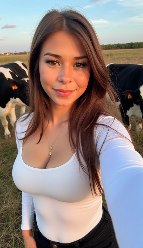 a woman in a bikini standing in a field with cows, by Aleksander Kotsis, reddit, long curvy black hair, miami, 😭 🤮 💕 🎀, gorgeous latina face