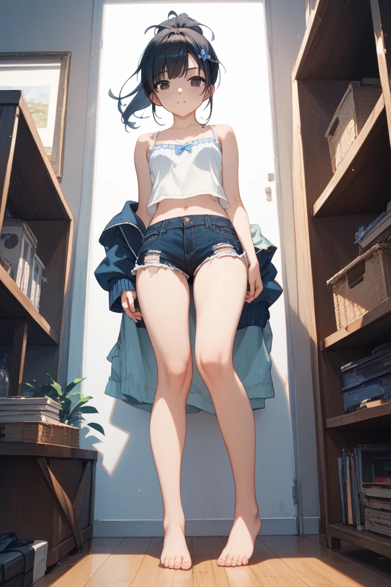 (8K、Highest image quality、highest quality、masterpiece)、detailed face、((1 baby girl))、mesugaki、blue green髪、long hair hair、twintails、blunt bangs、blue green目、evil smile、((grin))、steam、((small breasts))、((white camisole))、((denim short shorts))、((Standing Footjob POV:1.5))、((1boy))、((penis:1.5))、Gym storeroom、((nsfw))