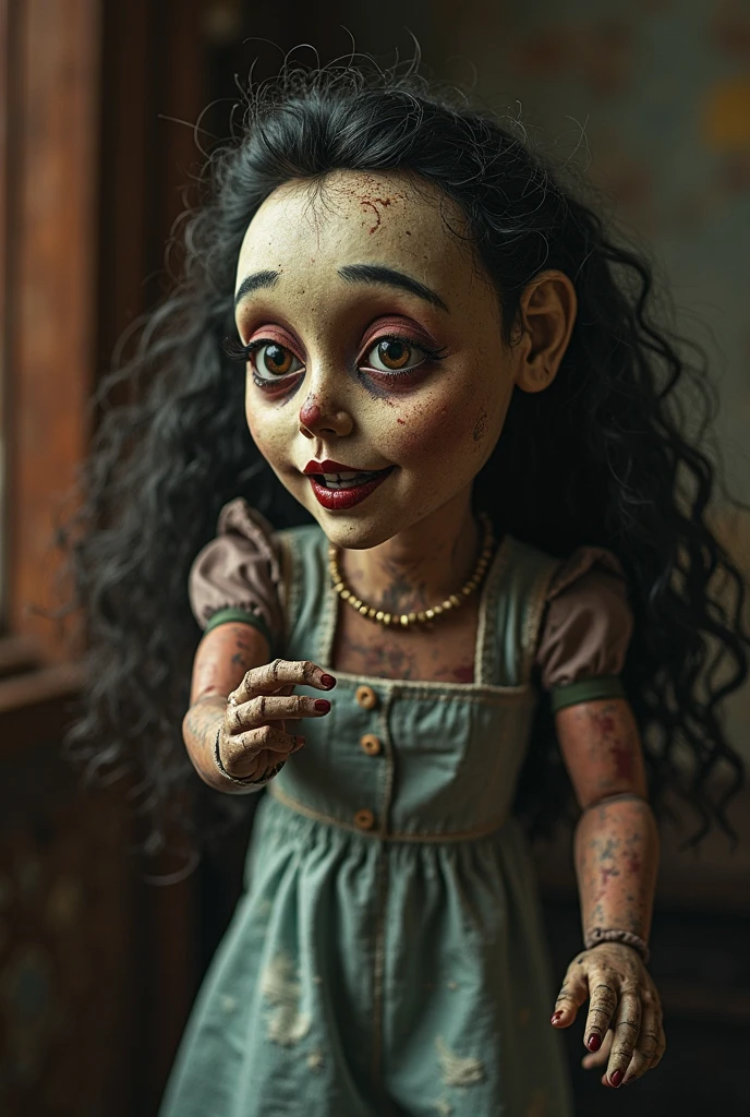 A close-up of a doll with a distinctive eerie appearance. The doll has large, round eyes with intricate details, a wide grin revealing sharp teeth, and a textured, cracked face. Its hair is unkempt and sticks out in various directions. The doll is dressed in a dotted dress with a collar, and there's a visible pendant or brooch near its neck. The background is blurred, emphasizing the doll as the main subject.