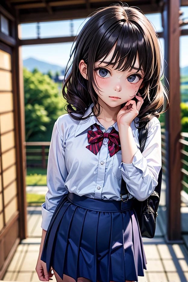(((32k,Attention to detail,High resolution、masterpiece,Attention to detail,Ezvian everywhere,alone))),RAW Photos & Realistic atmosphere,美しい dark blue eyes,Mouth Details,Glossy Lips,Thin eyebrows,Soft white skin that shines in every detail、Detailed eyes、((Highest quality))Girl with the perfect face,Brown Hair,Highest quality, masterpiece, uniform,Genuine,White skin,Japanese,skirt,Thighs,Absolute area, Knee-high socks,(Looking into the camera:1.4)