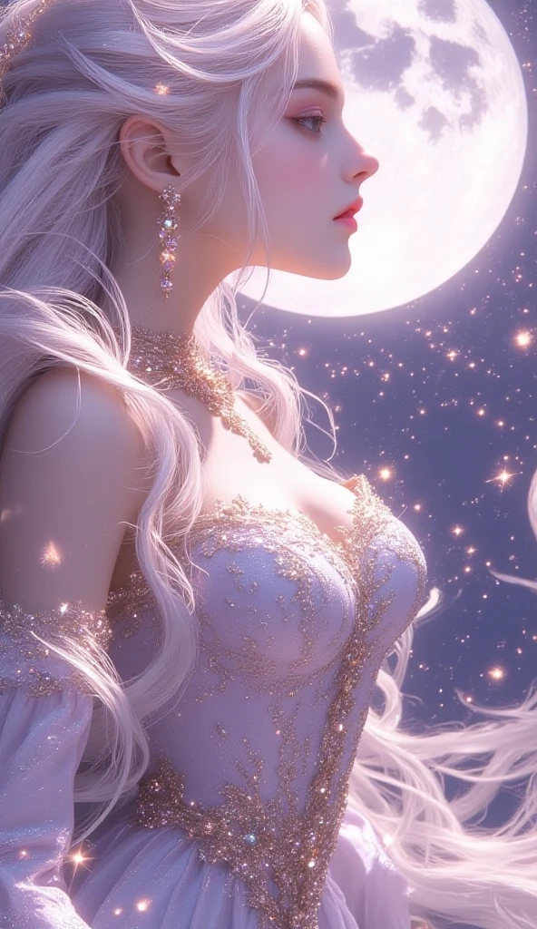 best quality, super fine, 16k, incredibly absurdres, extremely detailed, delicate and dynamic, cool and beautiful pretty white beast woman, iridescent white messy hair, captivating look, aroused expression, wearing camisole dress with lace embroidery, superlative body proportion, sparkling gold eyes, moon, night, stars
