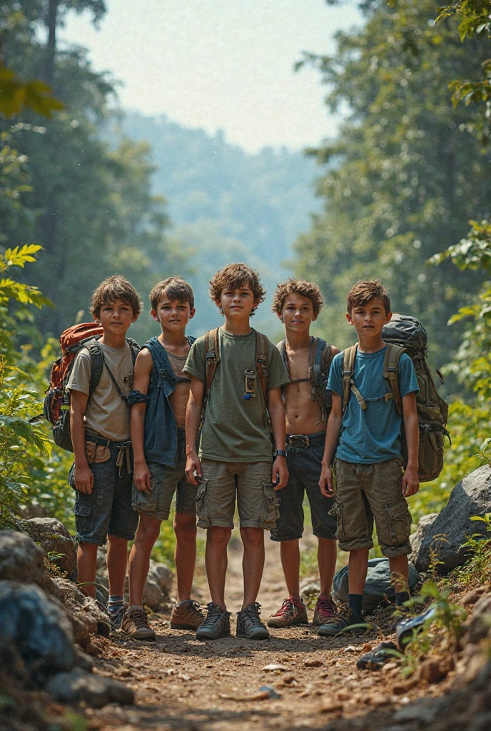 generate an image of high school boys wearing swim trunks at school forest trip