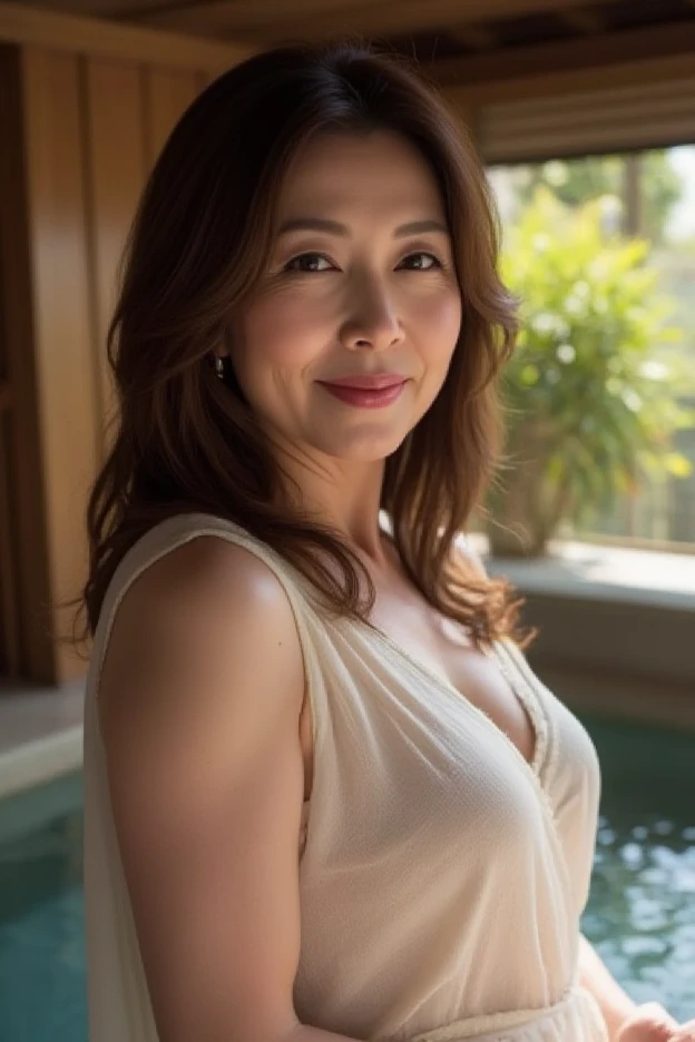 ((Highest quality)), ((8K)), ((masterpiece: 1.3)), (Perfect appearance), (Photorealism: 1.6), (JMA), (AYN), (1人のJapanese Mature), (Mature woman relaxing on the cafe terrace), (56 years old, Japanese Mature), ((Realistic skin texture)), (Fine lines all over the skin), (Dull skin), (Facial wrinkles), (Wrinkles around the eyes), double eyelid, Tear bags under the eyelids,