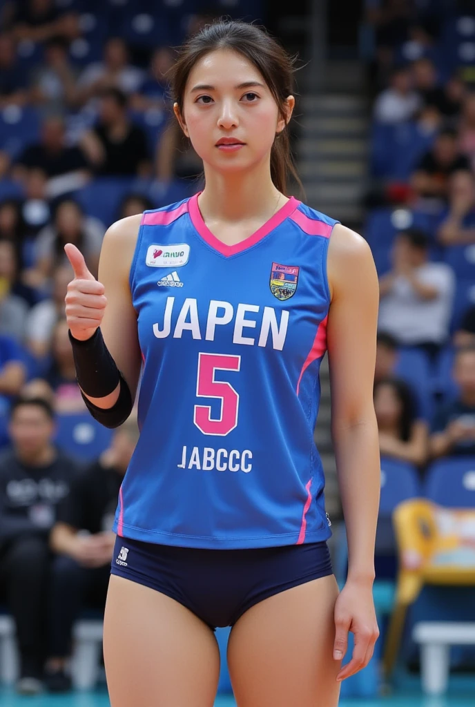 A professional volleyball player wearing a blue and pink jersey with the number "5" on it, labeled "AABBCC". She has a focused and slightly confident expression, with short brown hair styled simply. The jersey is detailed with " JAPEN " in large white and pink letters across the front. She is standing in a stadium or sports venue, with blurred audience members in the background, some wearing dark or casual clothing. Her right hand is raised, thumb pointing upwards, indicating approval or victory, while her left arm is down by her side. She wears a black elbow brace on her right arm. The lighting is neutral, with a soft focus on the athlete, allowing her to stand out from the background. The background colors and the audience are mostly neutral, but some elements, such as the seats and the clothing, introduce pops of blue and pink, complementing the uniform. The camera angle is at eye-level, directly facing the athlete. The scene conveys a sense of readiness, focus, and slight encouragement or victory. The athlete has her hair tied back in a neat ponytail. upper volleyball uniform , bottom bikini uniform, full body.