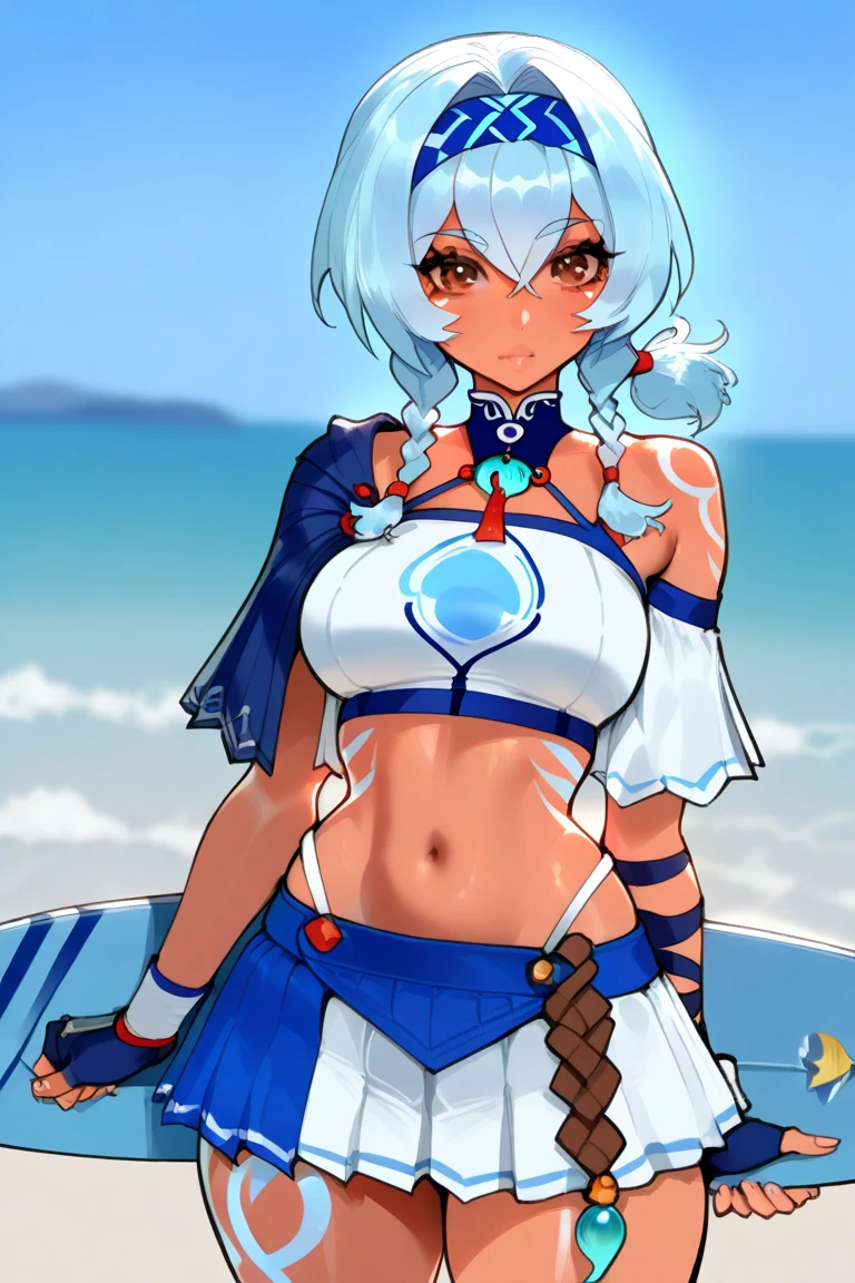 Close up portrait of one girl, swimsuit, bikini, swimming, elf, silver hair, red eyes, braid, concept art, official art, beautiful anime scene, beautiful anime landscape, anime landscape