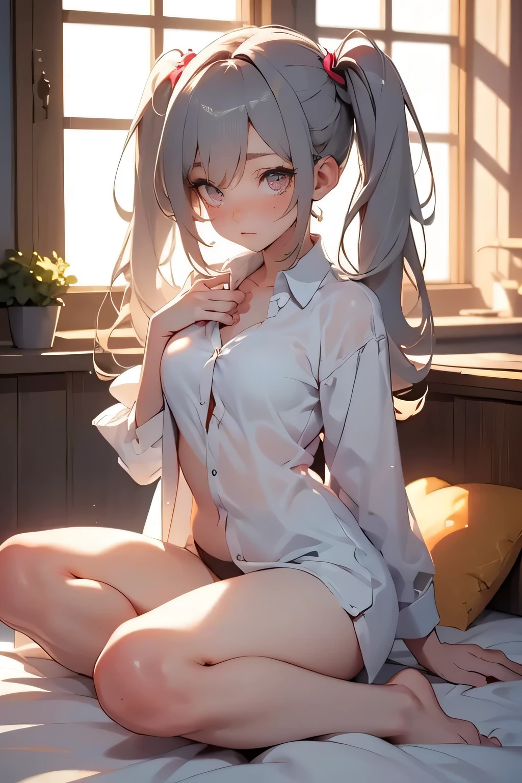 A cute anime girl with silver twin tails stands in a relaxed pose, wearing only an oversized white button-up men's shirt. The shirt is slightly wrinkled and hangs loosely, covering her upper thighs, with the sleeves being too long and her fingers barely peeking out from the cuffs. She has a soft, sleepy expression and slightly messy hair, as if she just woke up. Her bare legs are fully visible below the shirt, but nothing inappropriate is shown. The lighting is gentle, morning sunlight through a window. Wholesome, subtly sensual, natural atmosphere. No underwear is visible, the shirt covers everything modestly.