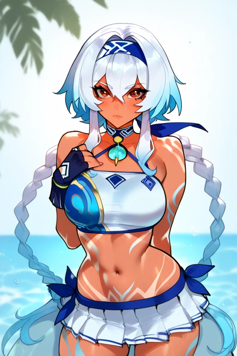 Obra maestra, mejor calidad crea un personaje femenino de Boku no hero academia, con cabello largo azul celeste, ojos color lilas, cabello en forma de agua, with serious expression, en la orilla de una playa, con su quirk de agua activada, noche luna, en una de sus manos hay una fuerte corriente de agua, y el la otra mano una fuerte corriente de hielo, pose dinamica, boku no hero animation, mujer hermosa, pechos grandes, fondo playa con arena, noche lunar arte oficial
