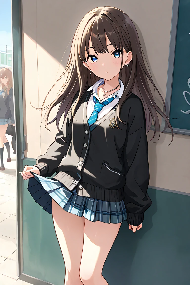 (R Solo:1.3)、(​masterpiece)、((best qualtiy))、((ultra-detailliert))、(a high chroma)、(CG Illustration)、highcontrast、low angles、red blush、(Licory Recoil:1.3)、((Translucent navy blue uniform))、((Grey and dark blue pleated skirt))、(White accents、Green Tie Ribbon)、White panties、、(Thick black tights)、(Purple anime-style eyes)、Delicate beautiful face、((teats)) 、(B cup breasts)、The best lighting、((turned around))、(Coming to school)