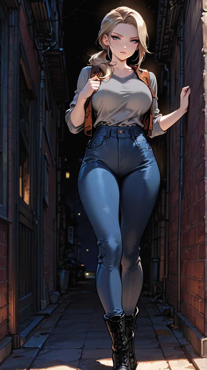 mei, thighs, full body, white high heels, nude tits, blue jeans