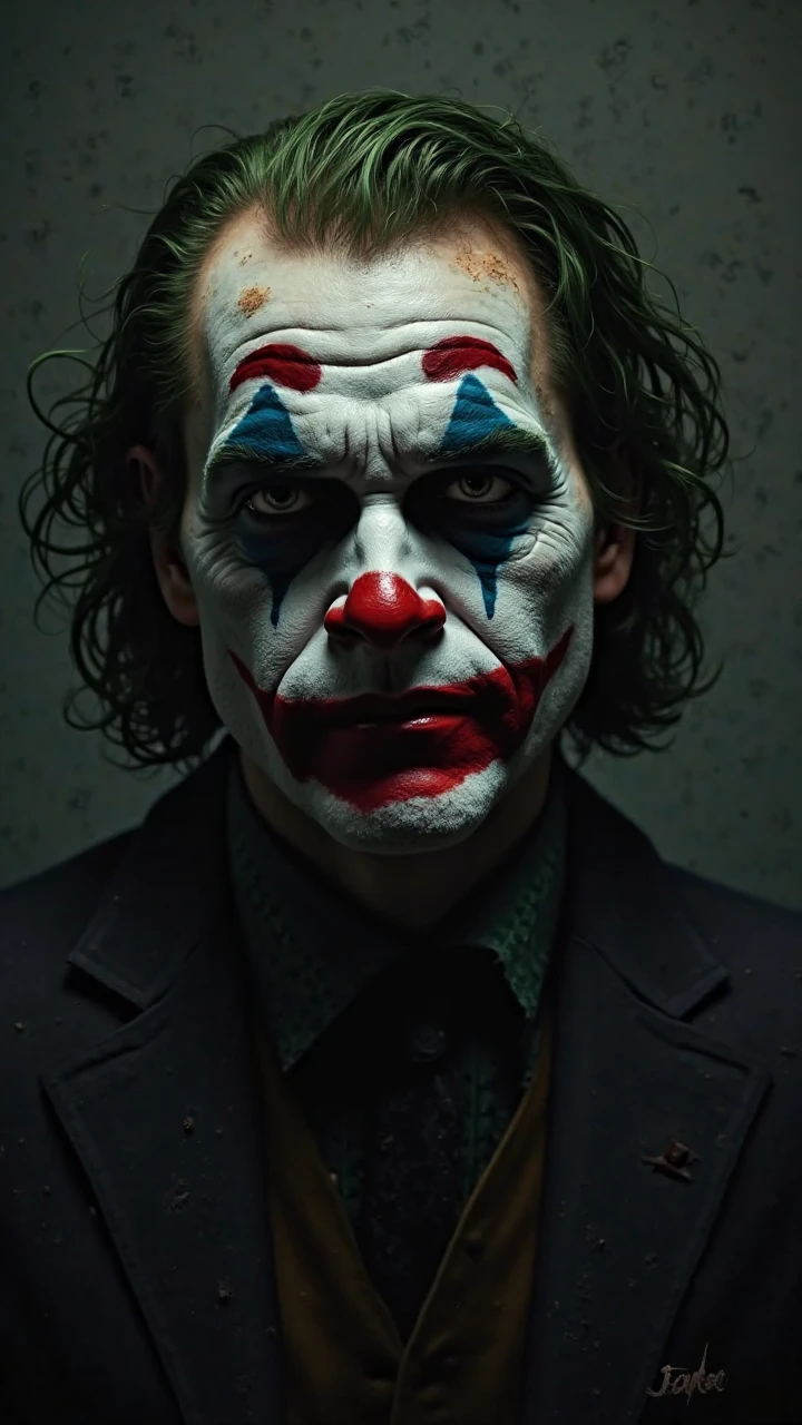 Masterpiece Illustration, high quality, high resolution 16k, a painting of a Joker with a smile on it's face, finnish cartoon, cgi art, oil painting, inspired by Mort Künstler, exaggerated expression, black background hyperrealism, by Václav Brožík, insane face, by Koloman Sokol, serious cartoon, cgi society, author unknown, incredulous, realistic texture, oil painting, ink, cloud,colorful