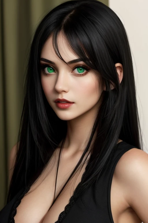 A beautiful woman pale skin green eyes long black hair