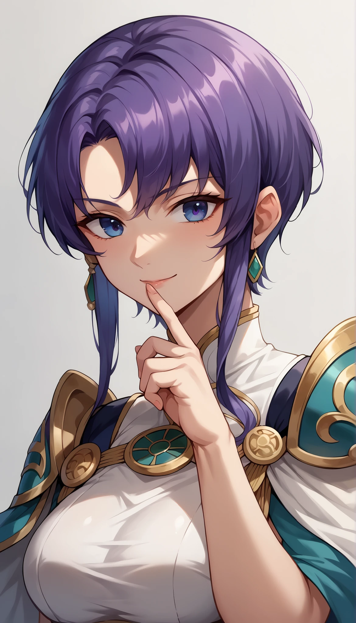 1 Female, simple background, white dress, dress with frills, shoulder out, See-through Ear Covers, Elbow pads, Pat yourself on the cheek with your finger, Ursula (Fire Emblem), short hair, violet hair, upper body, medium breasts, kind smile, closed his mouth, Ursula,