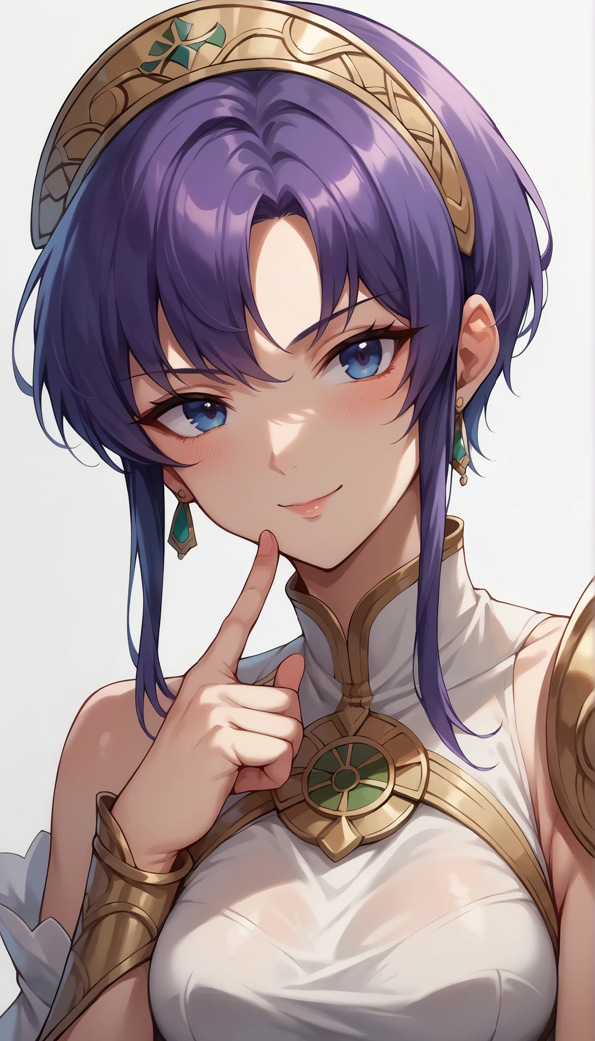 1 Female, simple background, white dress, dress with frills, shoulder out, See-through Ear Covers, Elbow pads, Pat yourself on the cheek with your finger, Ursula (Fire Emblem), short hair, violet hair, upper body, medium breasts, kind smile, closed his mouth, Ursula,