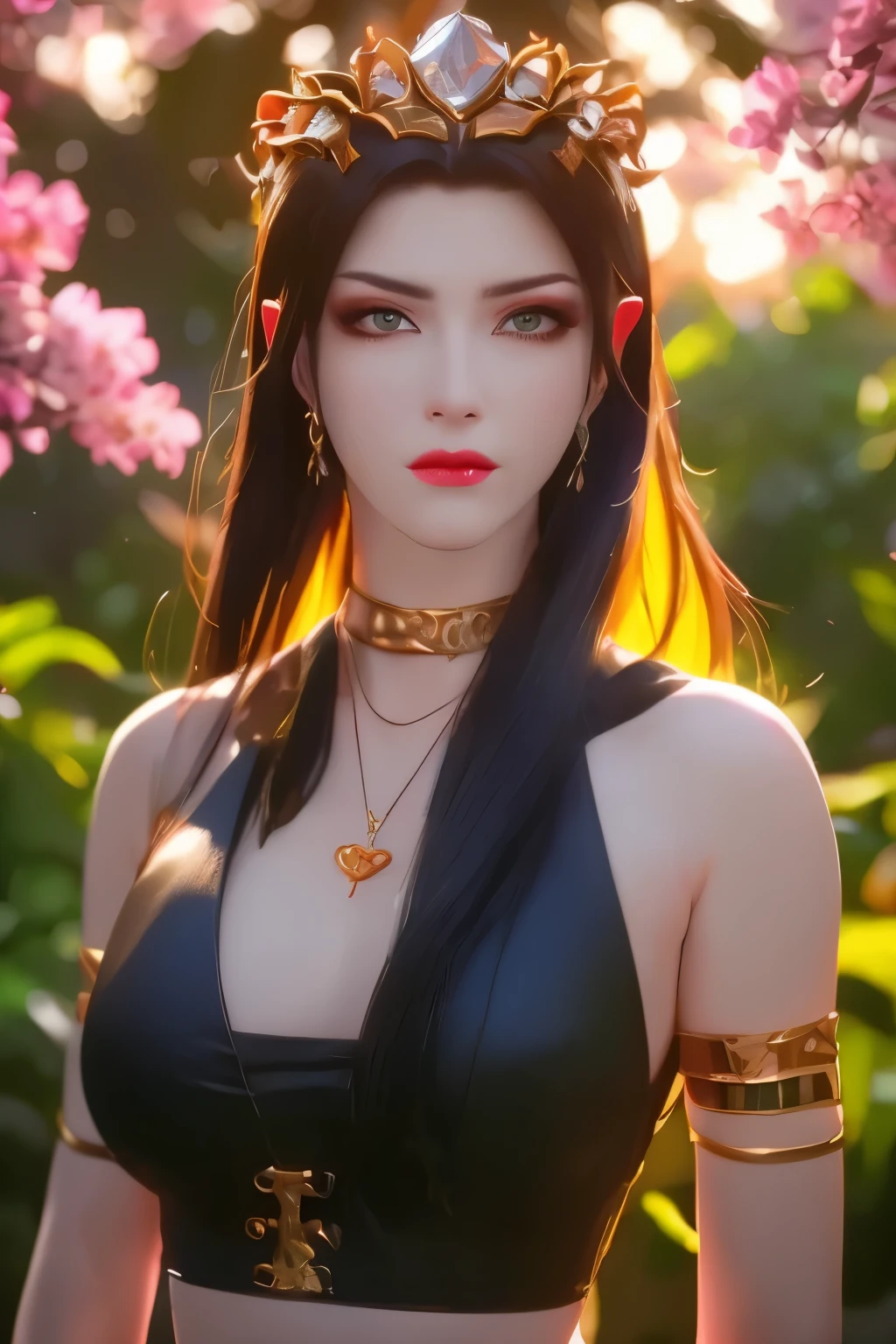 One 20 year old girl, (breast :1.1), navel,upper body,bare shoulders,wears red tube top,red skirt, blue gems,shiny skin,hand in own hair,(mature female),milf, beautiful cai lin, deep blue eyes, jet black long hair, face symmetry 8k resolution high quality. background: around the garden surrounded by Sakura trees with fluttering sakura petals,
Image from head to thighs, hourglass figure, bare round shoulders, exposed midriff, a tilak on her forehead,ornamental logo on her forehead, snake crown, necklace, earings with blue gem, long black hair bangs, pointy ears,golden bracelets,Bright lightening under the sun through sakura canopy. High quality 16k resolution,( HDR :1.3), cinematic look, ultra-detailed,ultra lightening, (photorealistic :1.4), long thin straight eyelashes, dense black eyelashes,sharp eyes, diamond shaped head, straight nose, closed heart shaped lips, front view pose looking at viewer, sexy, (intricate details: 1.1), (masterpiece: 1.3)