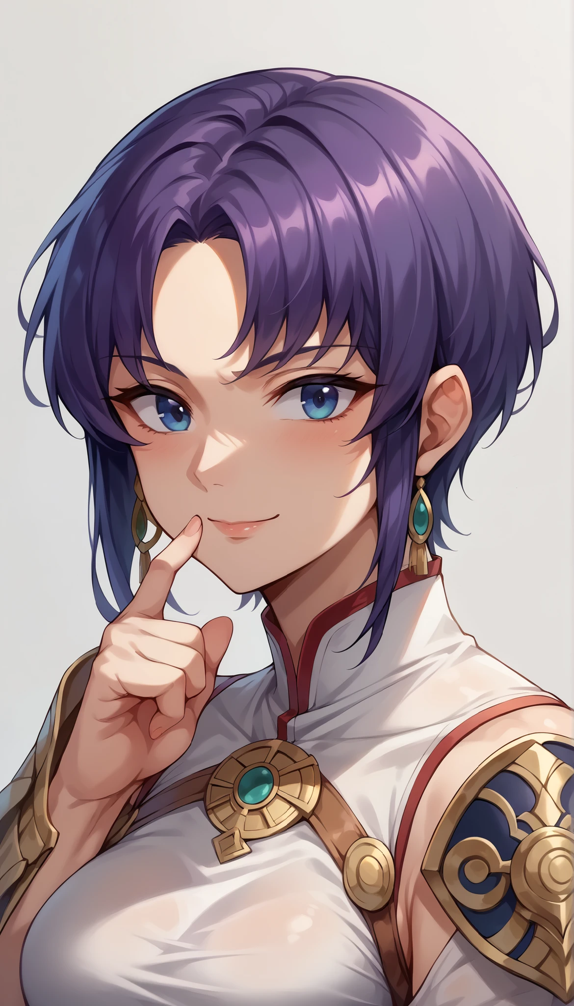 1 Female, simple background, white dress, dress with frills, shoulder out, See-through Ear Covers, Elbow pads, Pat yourself on the cheek with your finger, Ursula (Fire Emblem), short hair, violet hair, upper body, medium breasts, kind smile, closed his mouth, Ursula,
