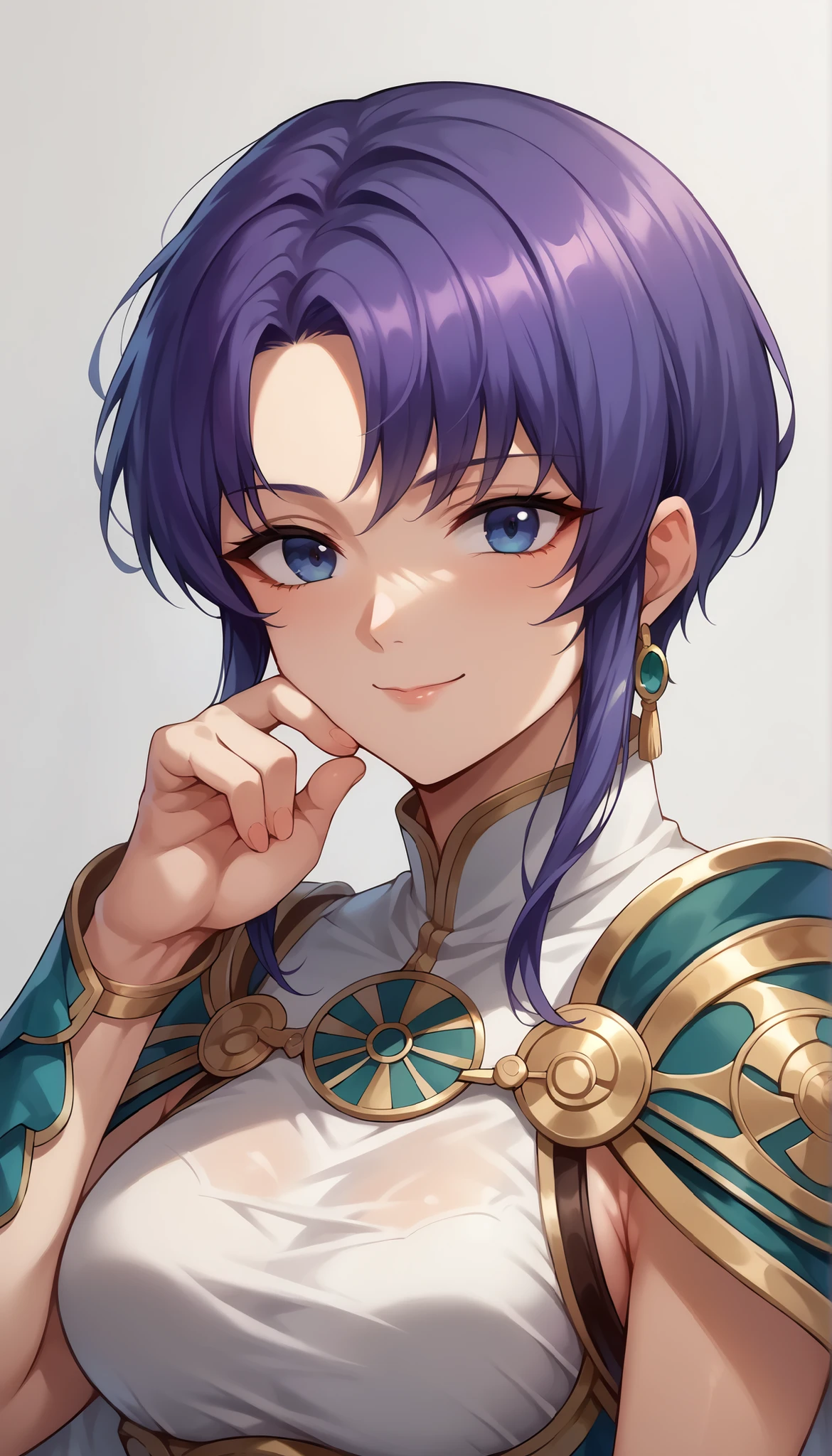 1 Female, simple background, white dress, dress with frills, shoulder out, See-through Ear Covers, Elbow pads, Pat yourself on the cheek with your finger, Ursula (Fire Emblem), short hair, violet hair, upper body, medium breasts, kind smile, closed his mouth, Ursula,