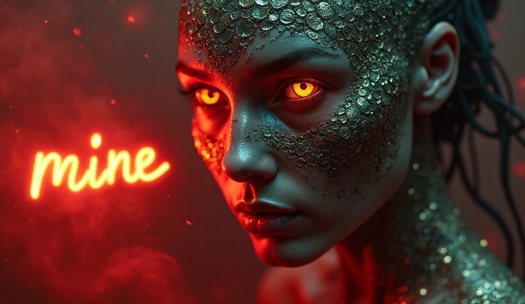 woman with serpent scale makeup, golden snake eyes glowing, holographic "MINE" floating in blood-red mist