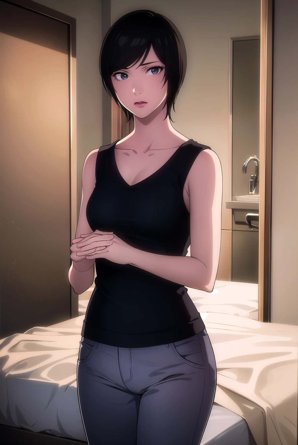 takadakiyomi, takada kiyomi, short hair, black hair, (black eyes:1.3), lipstick,
BREAK shirt, sleeveless, pants, sleeveless shirt, collarbone, Goth Girl, Shy and hot, dark makeup, dark clothes
BREAK indoors,
BREAK looking at viewer, (cowboy shot:1.5),
BREAK (masterpiece:1.2), best quality, high resolution, unity 8k wallpaper, (illustration:0.8), (beautiful detailed eyes:1.6), extremely detailed face, perfect lighting, extremely detailed CG, (Perfect Hands, perfect anatomy), ((Perfect Fingers))