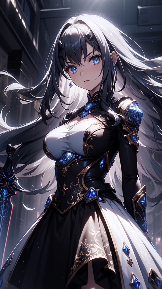 A cybernetically enhanced gothic alien girl, a masterpiece of mechanical horror looms in the shadows. This eerie creature is depicted in a hyper-realistic oil painting, capturing every intricate detail in stunning clarity. Its metallic fins glimmer with neon lights, contrasting starkly against its decaying scales. The background is a dark, polluted cityscape, adding to the ominous atmosphere of the image. The overall quality of the painting is so lifelike that it feels as if the alien could leap out of the canvas at any moment.