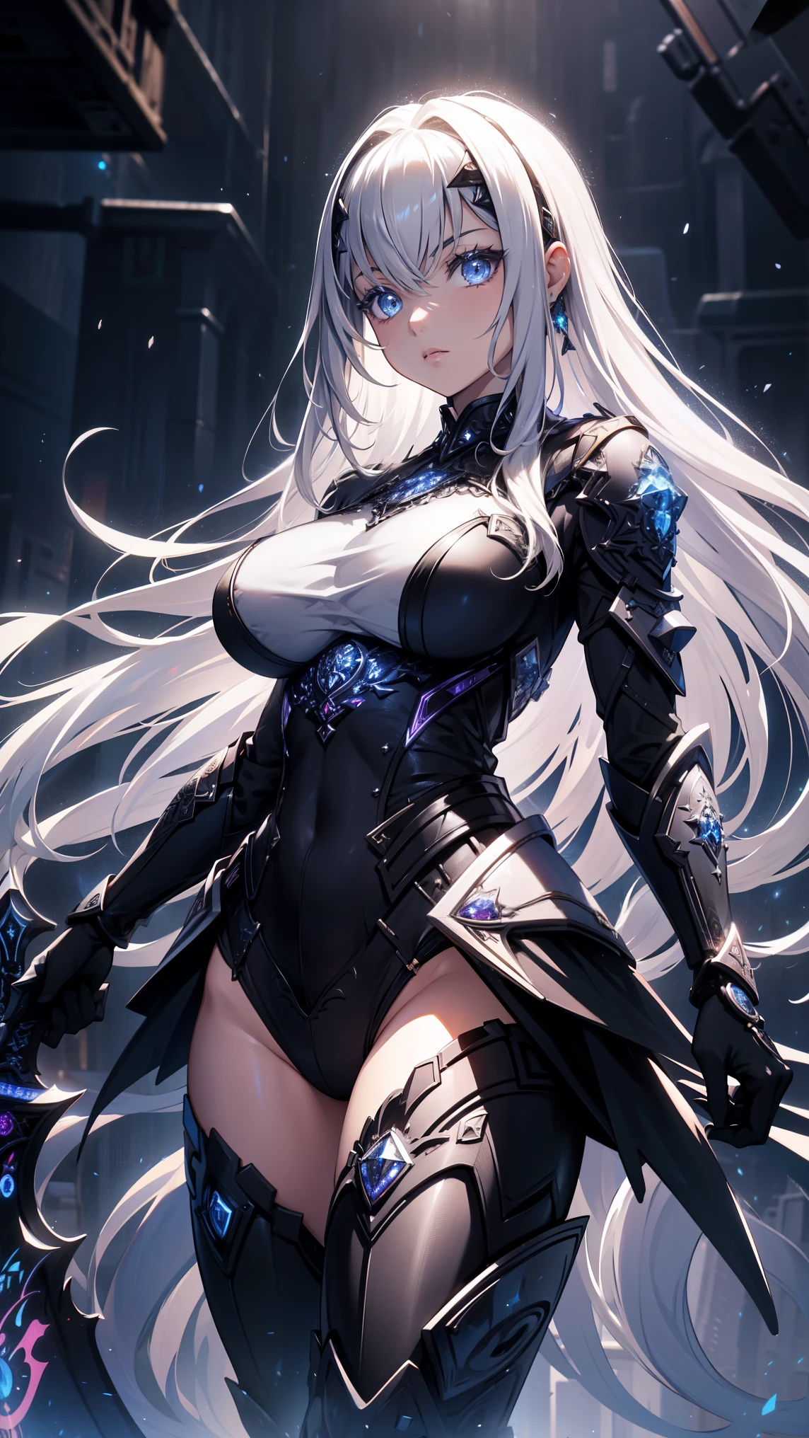high quality,beautiful details, super realistic ,Professional grade ,sci-fi character movie texture, Image effects ,exquisite face, wearing jewels ,black and white contrast v-neck clothing,Holding a huge sword,Immersive scene,Fantasy technology photosensitive effect,dark starry background,Metal, dynamic pose,Excellent painting