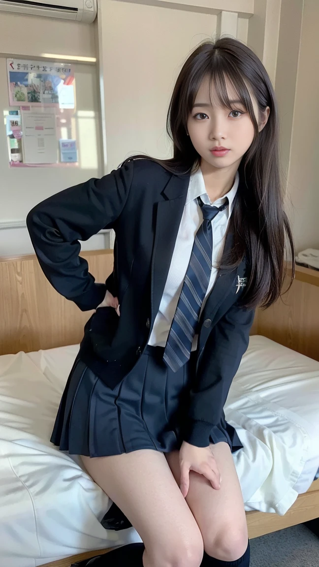girl sleeping、22 years old、逼真、Wearing school uniform、Has black hair。insertion、Female genitals、masturbation、touch and play、Panting face、Slim legs