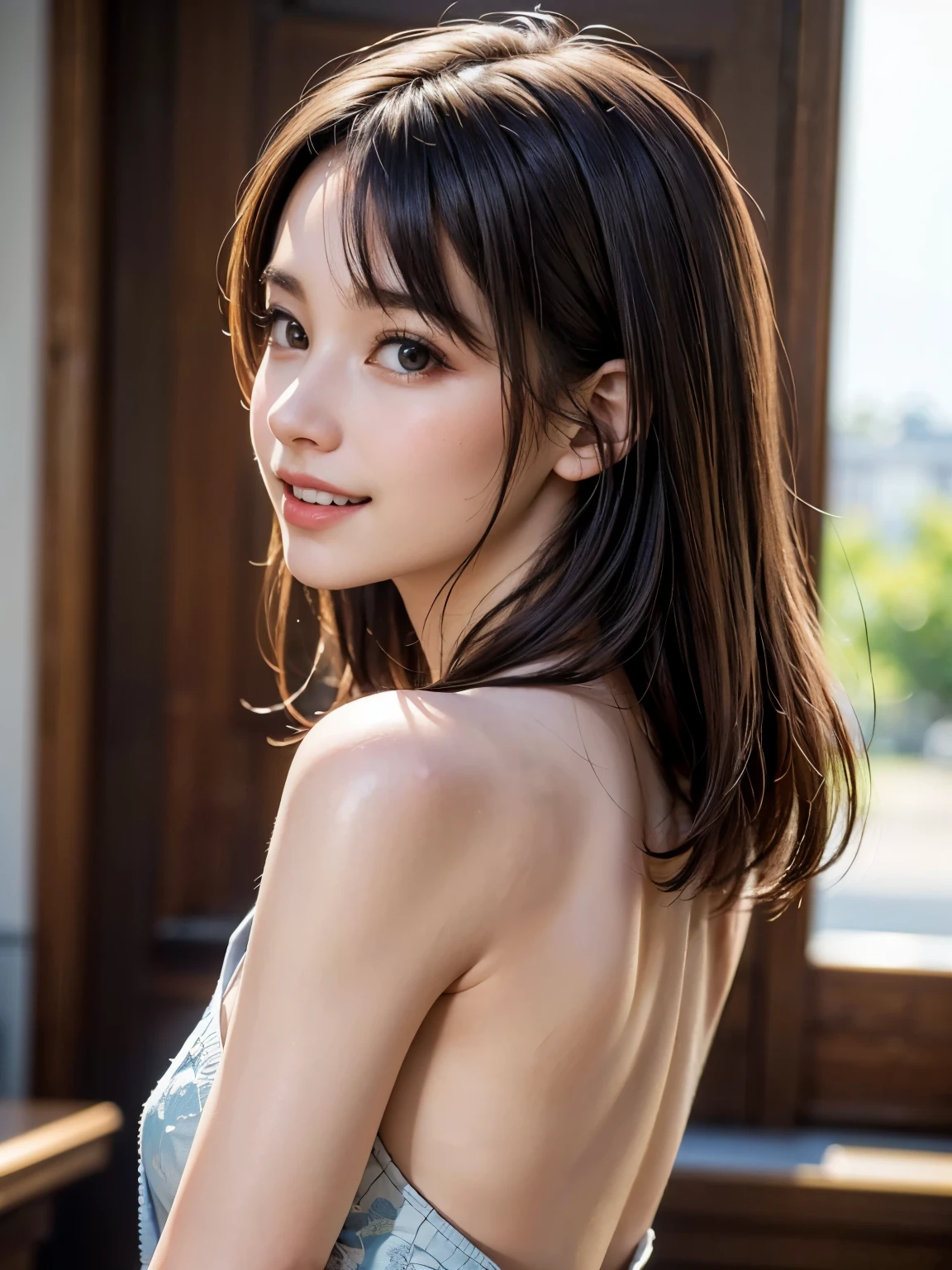 (masterpiece, Highest quality:1.3), (Super detailed:1.2), (hyperRealistic:1.3), (RAW Photos:1.2),High-definition RAW color photos, Professional photos, (PhotoRealistic:1.4), (Realistic:1.4), ,Professional Lighting, (Japanese), Beautiful Face, (Realistic face), Cute Woman, (Brown Hair, Big Breasts:1.2), (Bright smile:1.5), Trending Hair&Trending Hairカラーをランダムに, Sexy, erotic Sexy, Random sexy gravure poses, (A beautiful woman in a black swimsuit、A back shot with a city skyscraper in the background。She is wearing a simple bracelet on her wrist.。:1.3)