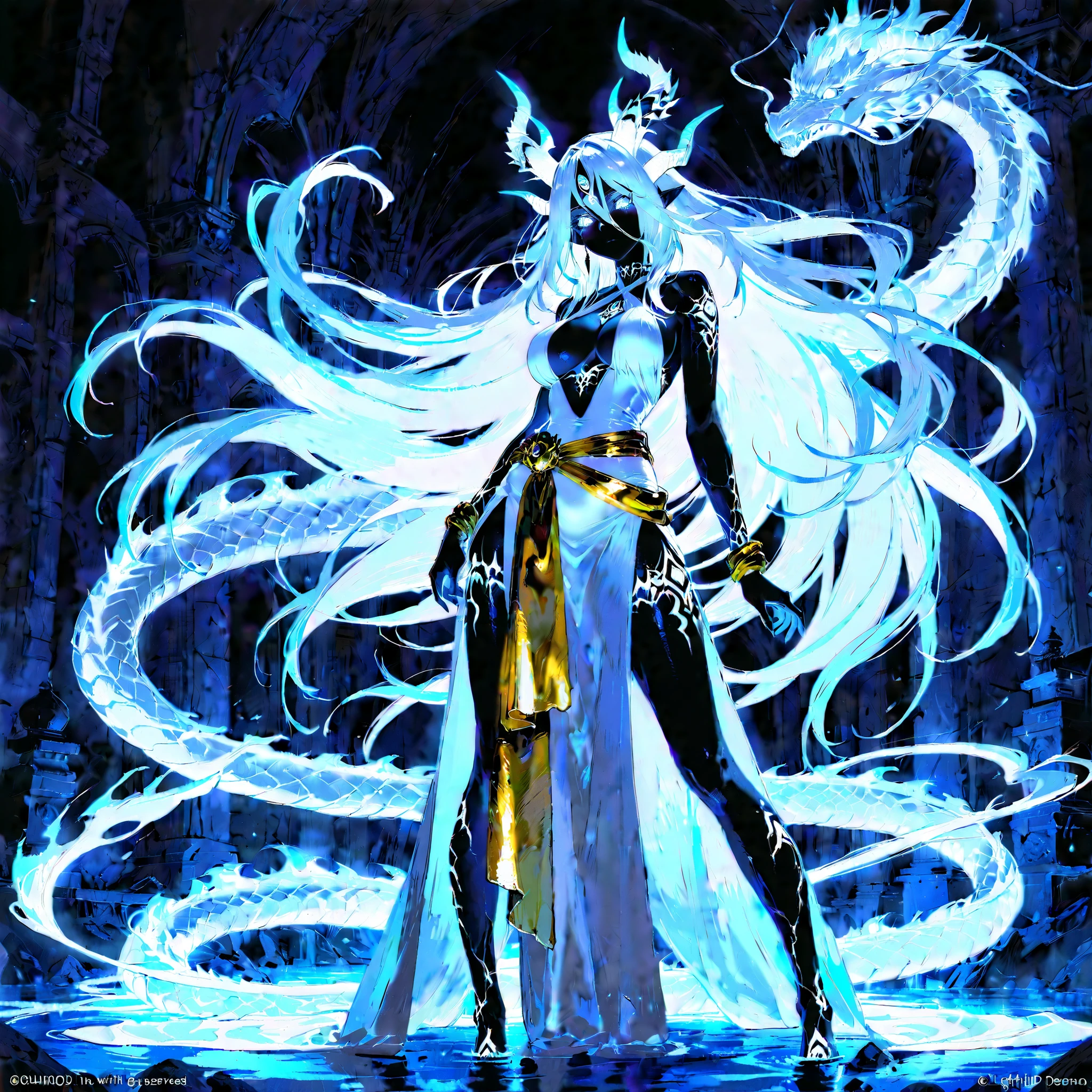Tall solo female with black skin and glowing white veins , glowing radiant detailed white dragon eyes ,Multiple Eyes, Arachnid Eyes, Eight Eyes, long flowing white hair , Tied up ombre black and blue hair , Blue belly dress , Golden waste tied sash sash , Large Dragon Horns , Thin Twisted Demon Horns , Demonic Dragon Features , Masterpiece Quality , Detailed Background, Detailed Clothing
