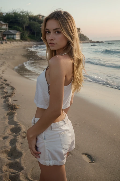 Girl with blonde hair , beach 