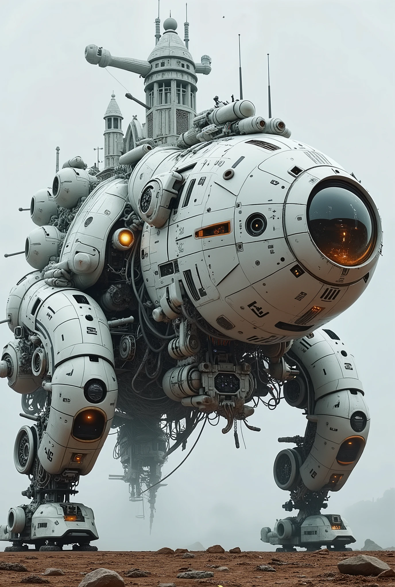 YFG-Sm0rg, YFG-Zaat, High-detail 3D render, futuristic.(Masterpiece, ultra-realistic, 32k, best quality, hyper-detailed, cinematic lighting, reversal film photography, film grain, intricate textures, photorealistic, dramatic composition, immersive depth, trending on ArtStation.) A colossal walking fortress, gothic-mechanical engineering and Byzantine cathedral architecture, joined-led, armed with integrated guns and turrets, dooms and towers. strides across a post-apocalyptic wasteland