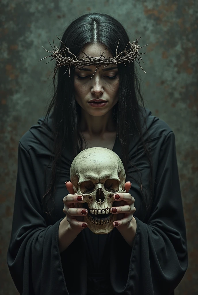 painting of a holds human skull on her knees close up putting her hands with long sharp claws on it, dark atmosphere, cinematic scene, volumetric lights, ultra realistic, in the style of nicola samori
