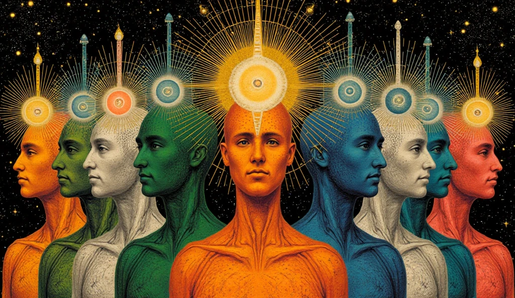 A person with all chakras activated and the pineal gland illuminating