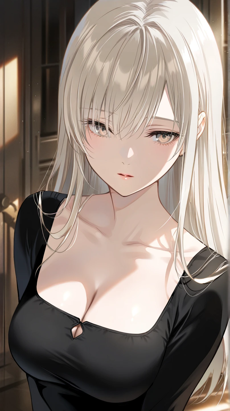 Best quality, masterpiece, ultra high res, 1girl, sexy, in the dark, deep shadow, low key, cold light, milf, white hair, white eyes, dynamic light, cinematic lighting, cinematic lighting, down blouse, mature woman