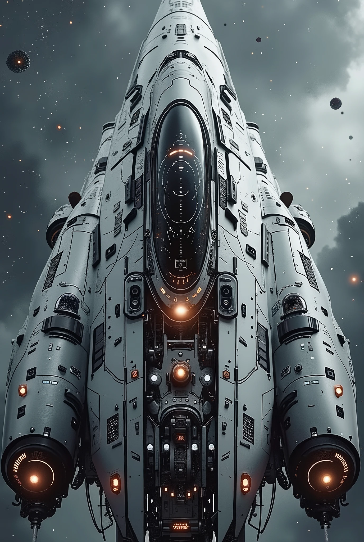 (Masterpiece, ultra-realistic, 32k, best quality, hyper-detailed, cinematic lighting, reversal film photography, film grain, intricate textures, photorealistic, dramatic composition, immersive depth, trending on ArtStation.) (Sci-fi medieval fusion, gothic-mechanical architecture, cybernetic decay, divine yet eerie atmosphere, banners fluttering, ) Empty interstellar cosmic background, The giant space Battle cruiser wandering through. (Sci-fi medieval fusion, gothic-mechanical architecture top, Byzantine styles, towering spires, )(A dynamic wide-angle shot, with volumetric lighting, deep atmospheric contrast, and high cinematic tension, evoking a sense of solemn reverence and otherworldly power.)