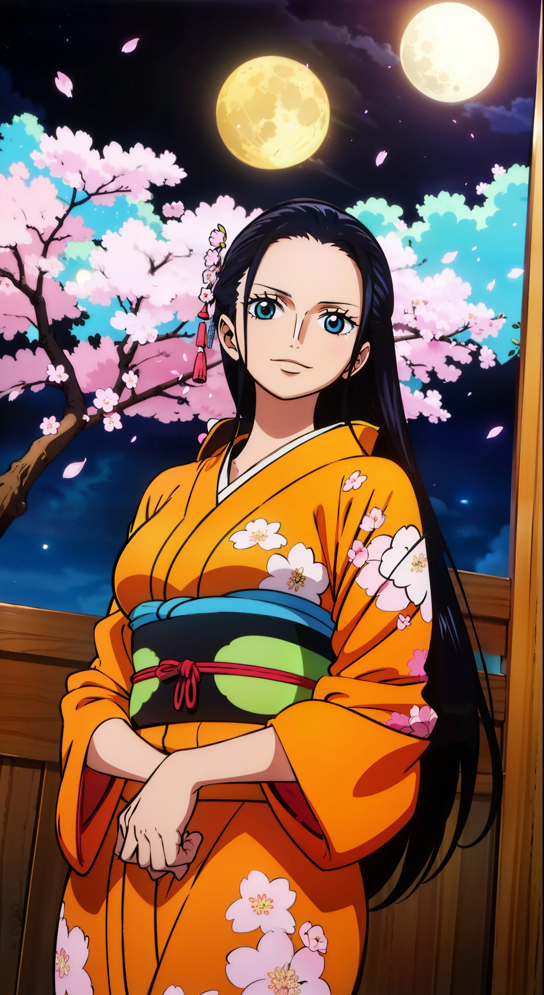 (masterpiece, best quality, high resolution, 8K:1.2), anime coloring, detailed, from one piece, one piece style, Nico Robin, woman with long black hair, big medium breasts, happy expression and laughing, soft look, perfect hands, sexy, (oiran clothing, japanese-style room, night, moon, cherry blossoms), cowboy shot, dutch angle, looking at viewer,