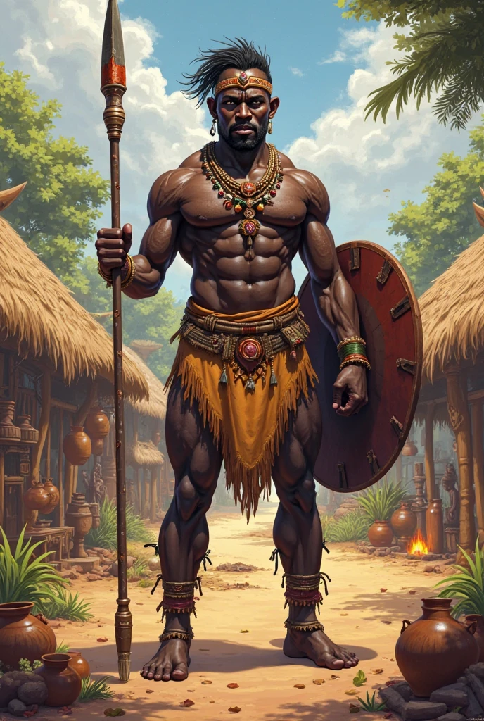 african tribal man, black skin, spear, full body, white background